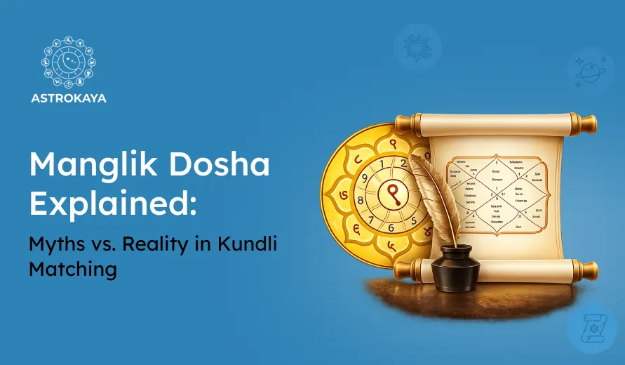 Astrology-themed graphic with a Kundli chart, golden astrological wheel, feather quill, and text about Manglik Dosha and Kundli matching myths vs. reality.