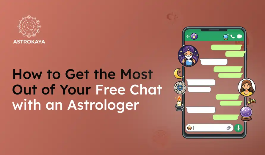 Text on a reddish background with a phone showing a chat and icons of astrology symbols, titled "How to Get the Most Out of Your Free Chat with an Astrologer.