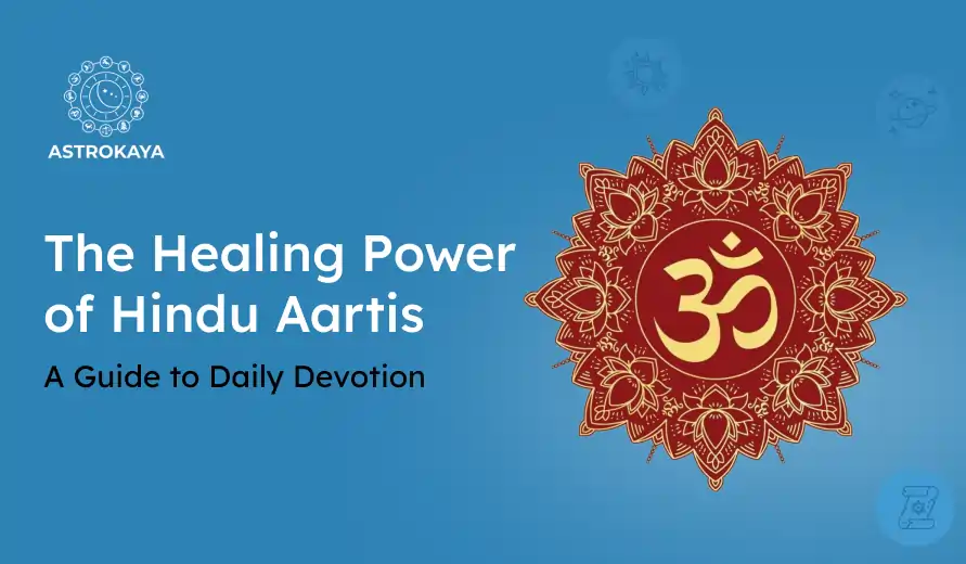 Blue banner with a red and gold Om symbol mandala and text about the healing power of Hindu Aartis for daily devotion by Astrokaya.