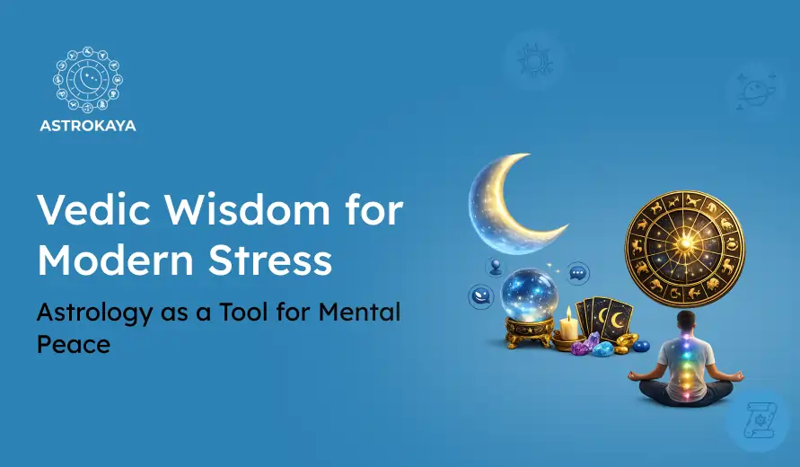 Blue graphic featuring a person meditating with chakras, astrology symbols, a crescent moon, and text about Vedic wisdom and mental peace.