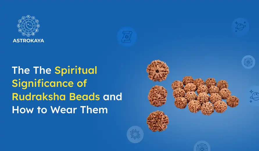 Blue banner with Rudraksha beads and text on their spiritual significance and how to wear them, with the Astrokaya logo.