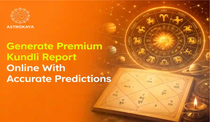 Astrokaya advertisement with zodiac wheel, Kundli chart, and text promoting premium Kundli report generation with accurate online predictions.