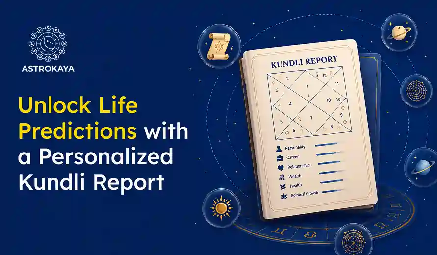 image showing a personalized Kundli report with zodiac chart and life predictions for personality, career, relationships, wealth, health, and growth.