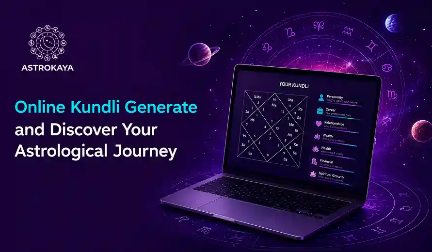 Laptop displaying an online Kundli chart with astrological signs and planets in a cosmic background.
